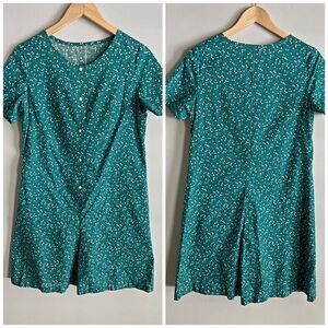 Vintage 70s Teal Floral Snap Button Romper Shorts M Medium Cottagecore